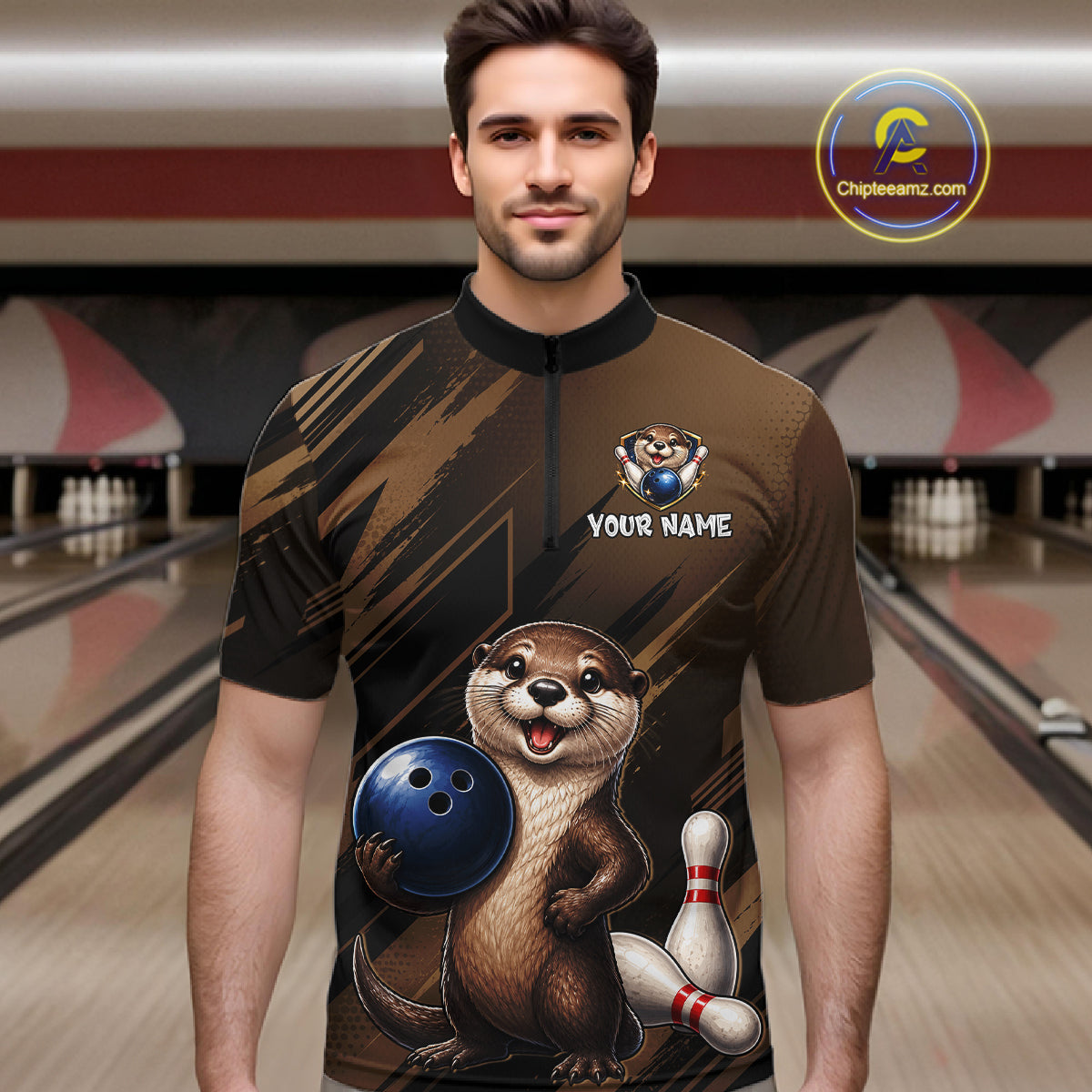 Men's Custom Otter Bowling Polo Shirt & 1/4 Zip Pullover Personalized Team Jersey With Name Gift NHT1202