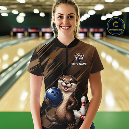Women's Custom Otter Bowling Polo Shirt & 1/4 Zip Pullover Personalized Team Jersey With Name Gift NHT1202