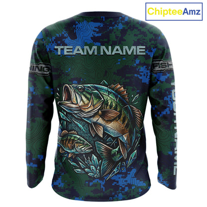 Green Camo Bass Fishing Shirt Long Sleeve, Bass Fishing Jersey, Performance Fishing Apparel NHT877