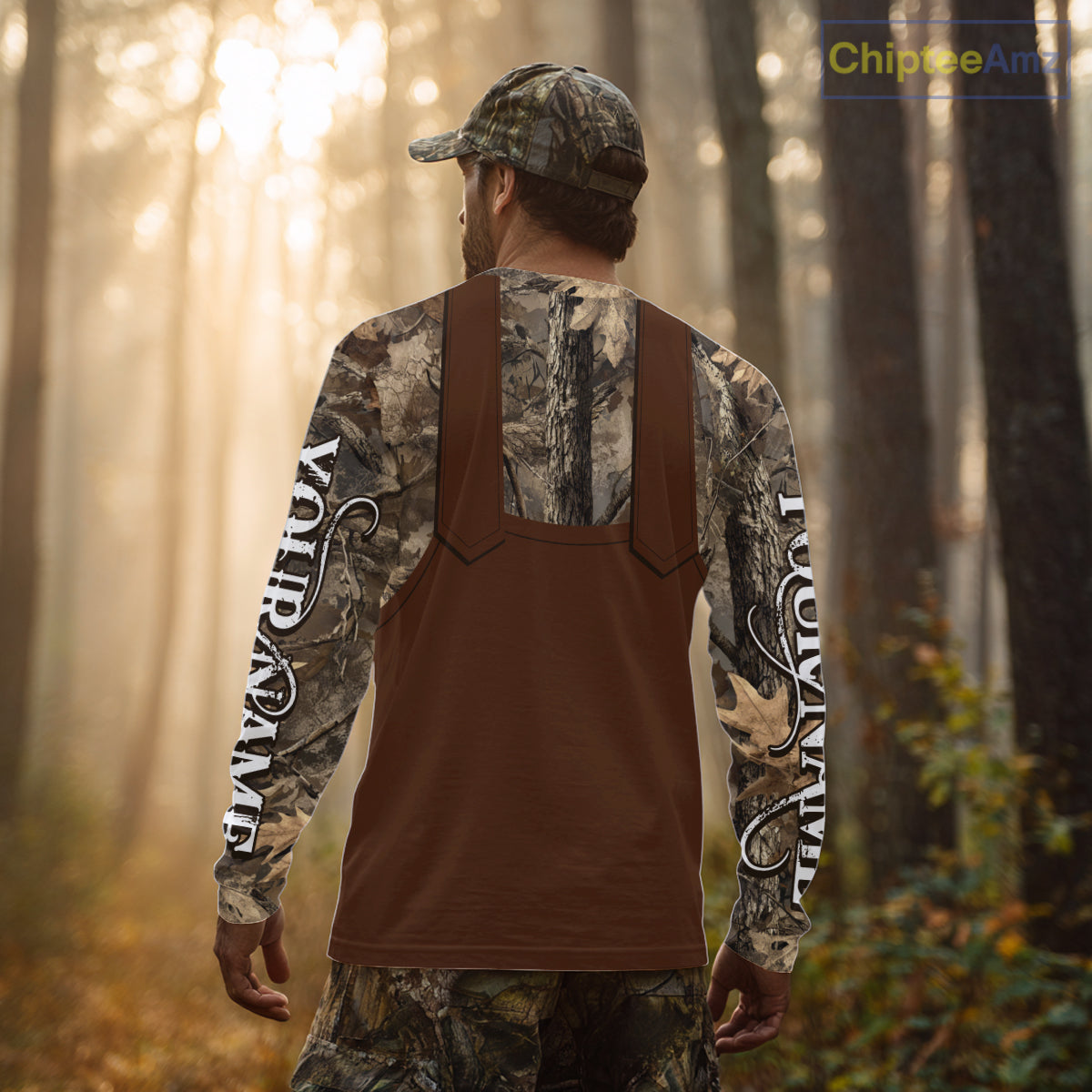 Deer Hunting Hoodie & Sweatshirt – Brown Bib Overalls Style with Custom Name Camo Design NHT346