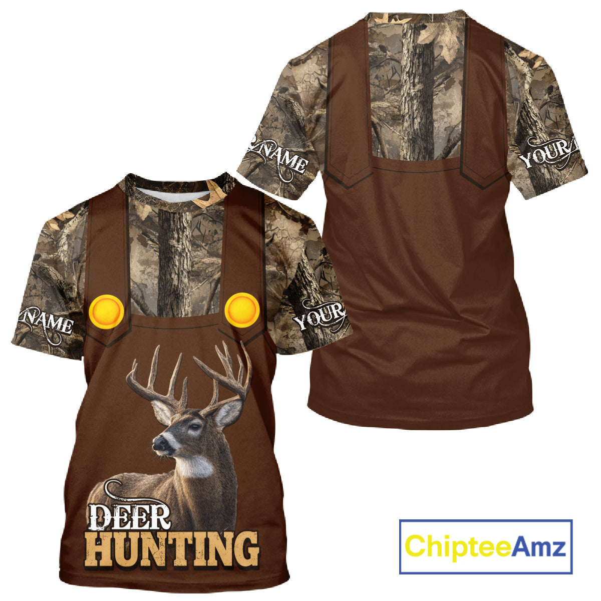 Deer Hunting Hoodie & Sweatshirt – Brown Bib Overalls Style with Custom Name Camo Design NHT346