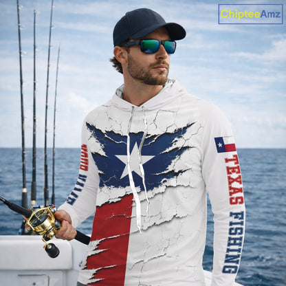 Texas Fishing Shirt Long Sleeve Hooded Patriotic Texas Flag UV Protection Fishing Apparel