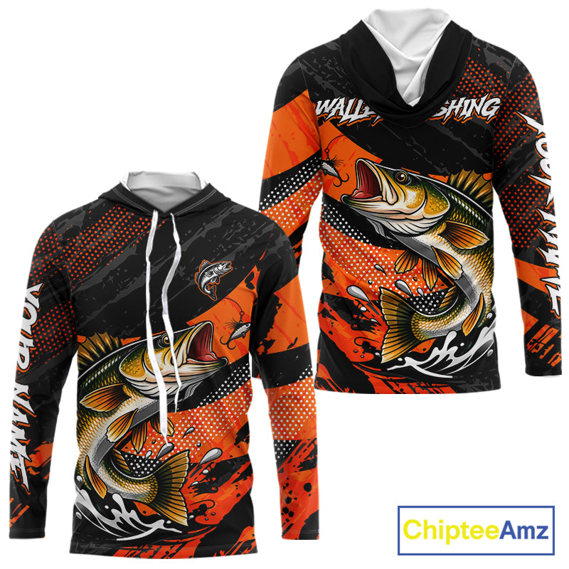 Personalized Walleye Fishing Long Sleeve Hooded Tournament Shirt For Men, Performance Fishing Shirt NHT461