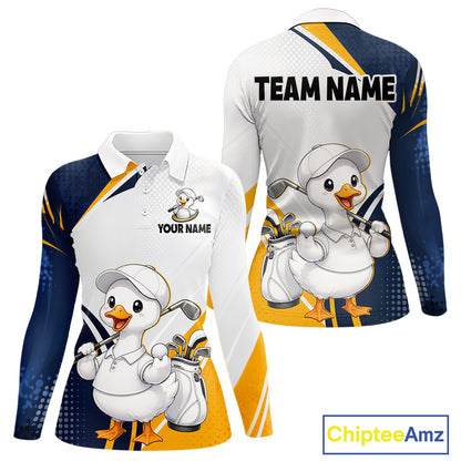Front and back views of a long-sleeve custom sports jersey featuring a cartoon white duck golf character, navy blue sleeves, and a white body with yellow accents. The front shows 'YOUR NAME' and the back shows 'TEAM NAME' placeholders, with a ChipteeAmz logo in the bottom right corner.