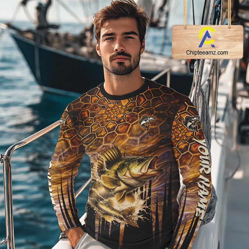 Custom Walleye Long Sleeve Tournament Camo Fishing Shirts, Walleye Fishing Jerseys NHT410