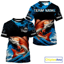 Load image into Gallery viewer, Back view of custom redfish fishing shirt made from breathable polyester with UPF 30+ sun protection.