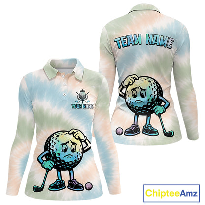 Funny Tie Dye Womens Golf Team Polo Shirt – Cartoon Golf Ball Golfer Shirt, Personalized Golf Family Team Shirt  NHT741