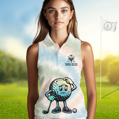 Funny Tie Dye Sleeveless Womens Golf Team Polo Shirt – Cartoon Golf Ball Golfer Shirt, Personalized Golf Family Team Shirt NHT741