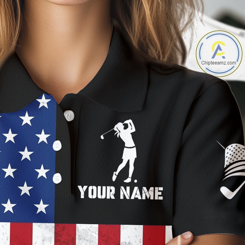 Personalized Womens Golf Polo Shirt American Flag Patriotic Golf Shirts Golf Gifts For Womens NHT746
