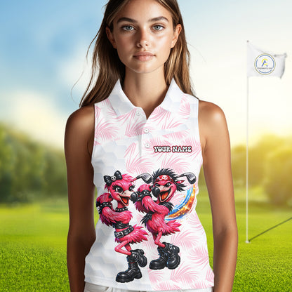 Personalized Funny Flamingo Rockstar Couple Sleeveless Womens Golf Polo Shirt, Custom Name Matching Couple Golf Shirt NHT748