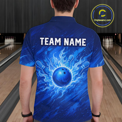 A person viewed from behind wearing a blue bowling-themed short-sleeve polo shirt with a flame-like graphic and the words 'TEAM NAME' printed across the back. Bowling lanes are visible in the background, and a circular 'Chipteeamz.