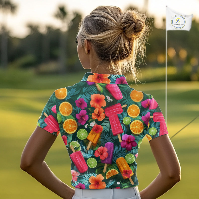 Womens Golf Polo Shirt Tropical Popsicle Paradise Pattern Tropical Leaves Custom Name, Womens Golf Shirt NHT539