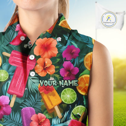 Golf Womens Sleeveless Polo Shirt Tropical Popsicle Paradise Pattern Tropical Leaves Custom Name, Golf Shirt NHT539