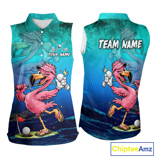 Front and back views of a sleeveless collared polo shirt featuring a colorful cartoon flamingo golf design on a blue water-themed background. The front shows a pink flamingo holding a golf ball, with the text 'YOUR NAME' and a golf hole graphic.