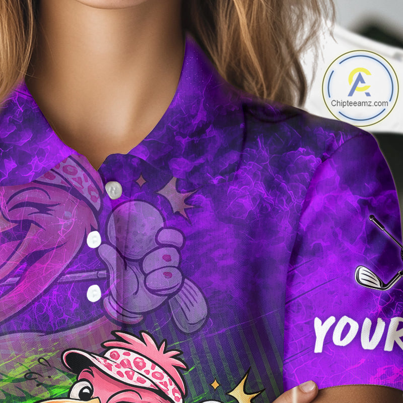 Personalized Flamingo Womens Golf Polo Shirt Custom Name And Team Purple Funny Tropical Golf Outfit NHT1238