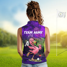 Load image into Gallery viewer, Personalized Flamingo Womens Sleeveless Golf Polo Shirt Custom Name And Team Purple Funny Tropical Golf Outfit NHT1238