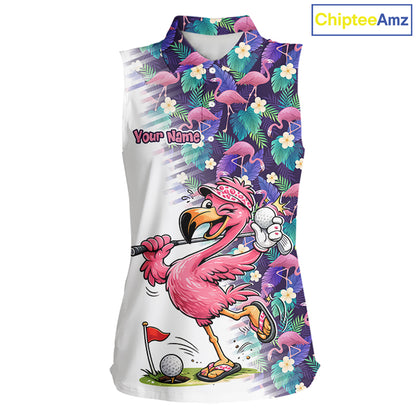 Funny Pink Flamingo Tropical Pattern Golf Womens Sleeveless Polo Shirt Custom Golf Shirts For Men NHT547