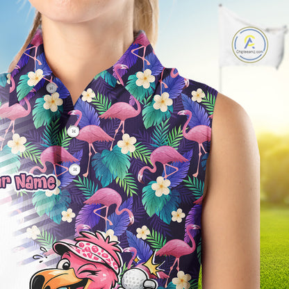 Funny Pink Flamingo Tropical Pattern Golf Womens Sleeveless Polo Shirt Custom Golf Shirts For Men NHT547