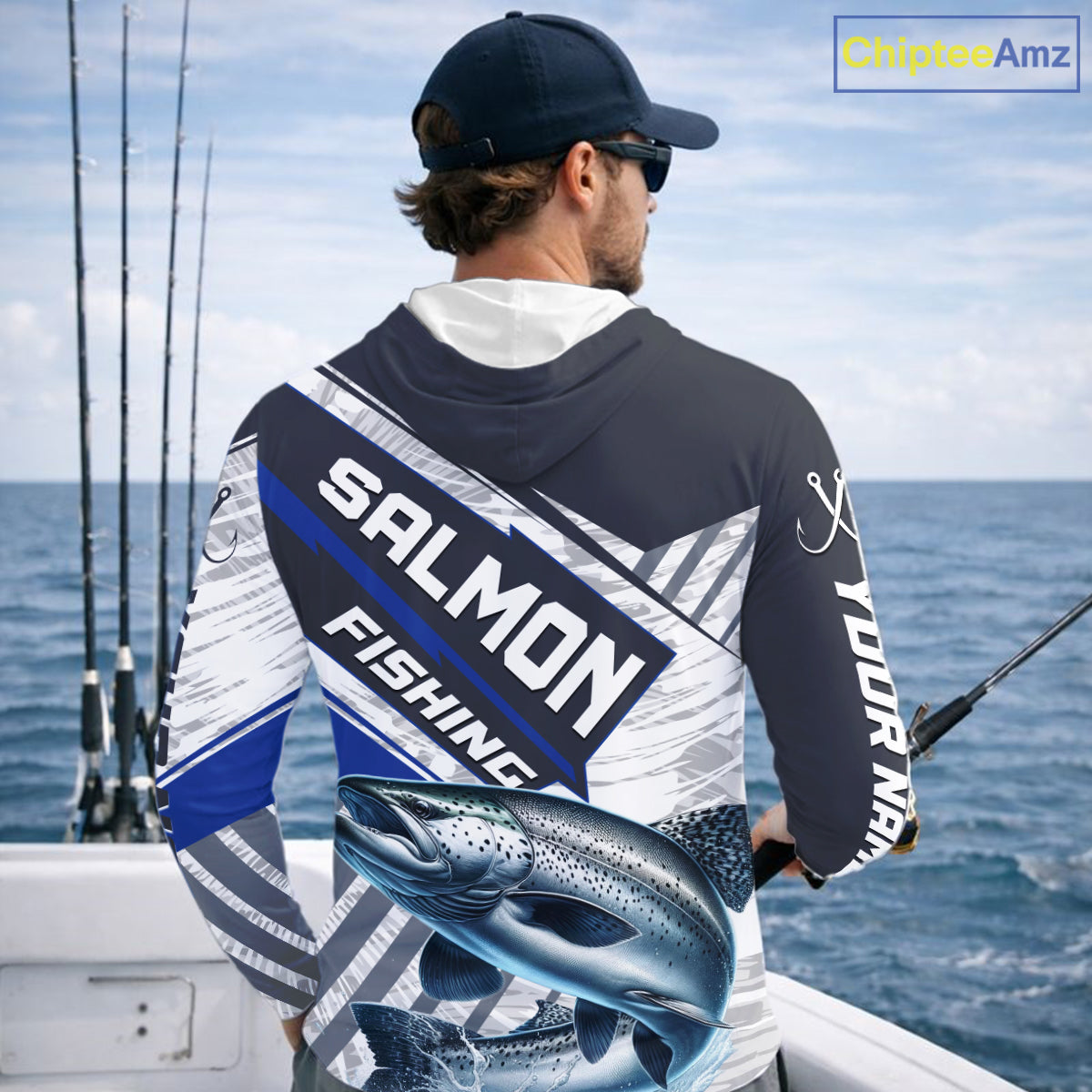 Personalized Chinook Salmon Fishing Jerseys For Fishing Team, Salmon Hooded Fishing Shirt Long Sleeve NHT921
