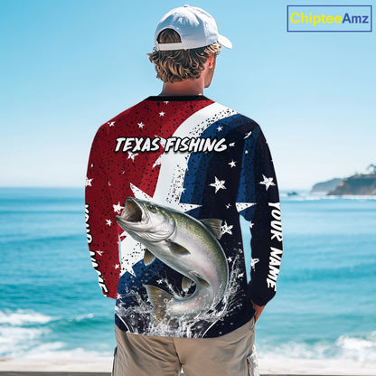 Personalized Texas Flag Chinook Salmon Fishing Shirt Jerseys, Texas Chinook Salmon Fishing Shirts Long Sleeve For Men NHT761