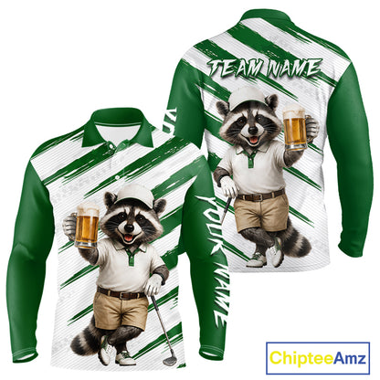 Custom Funny Beer Raccoon Golf Jersey For Mens, Mens Golf Polo Shirt Black Beige Golf Jersey NHT936