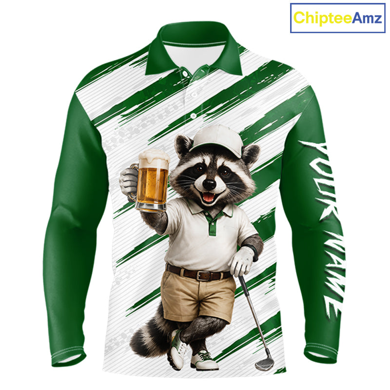 Custom Funny Beer Raccoon Golf Jersey For Mens, Mens Golf Polo Shirt Black Beige Golf Jersey NHT936