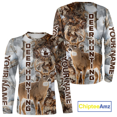 Best Deer Hunting Shirt With Whitetail Deer Winter Camo, Custom Name Deer Hunting Clothes NHT245