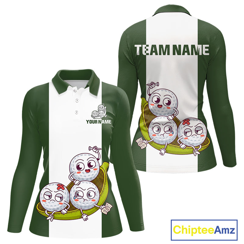 Custom Green White  Womens Golf Team Polo Shirt, Funny Golf Ball Family Design, Matching Team Outfit NHT789