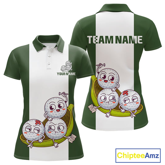 Custom Green White  Womens Golf Team Polo Shirt, Funny Golf Ball Family Design, Matching Team Outfit NHT789