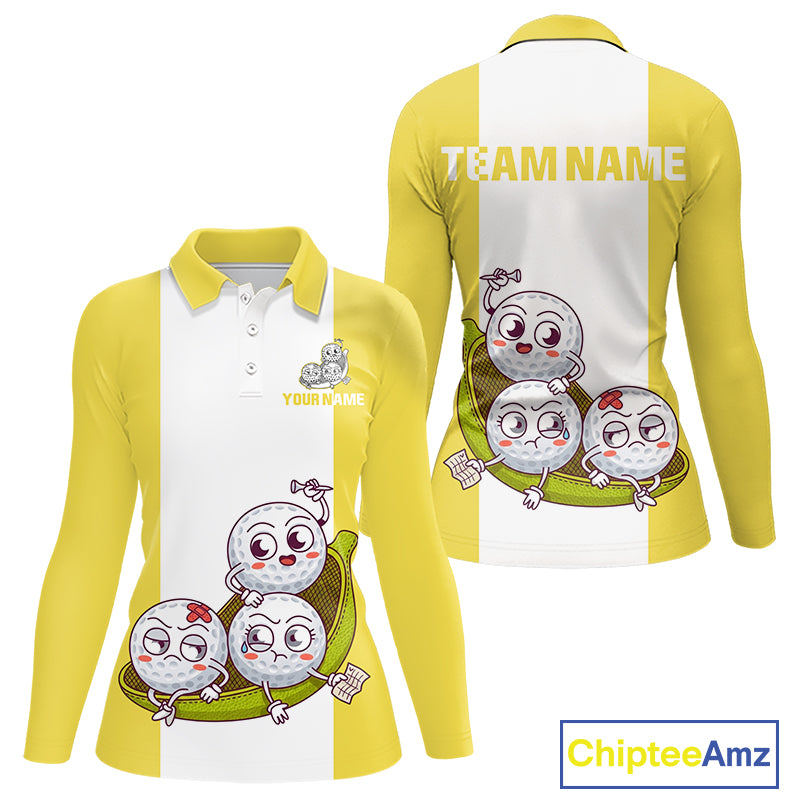 Custom Yellow White Womens Golf Team Polo Shirt, Funny Golf Ball Family Design, Matching Team Outfit NHT790