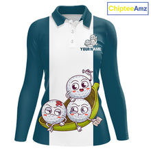 Load image into Gallery viewer, Custom Blue Teal White Womens Golf Team Polo Shirt, Funny Golf Ball Family Design, Matching Team Outfit NHT791