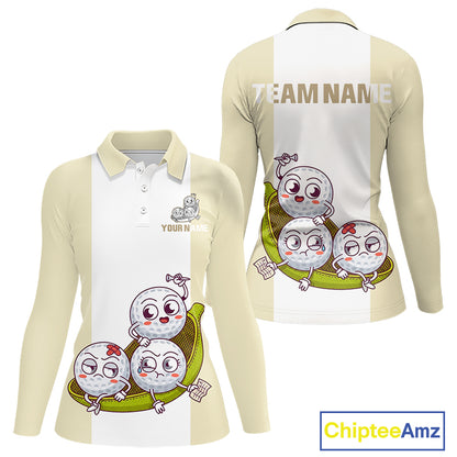 Custom Beige White Womens Golf Team Polo Shirt, Funny Golf Ball Family Design, Matching Team Outfit NHT792