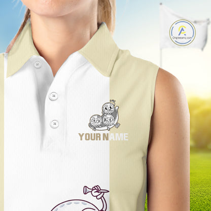 Custom Beige White Sleeveless Womens Golf Team Polo Shirt, Funny Golf Ball Family Design, Matching Team Outfit NHT792