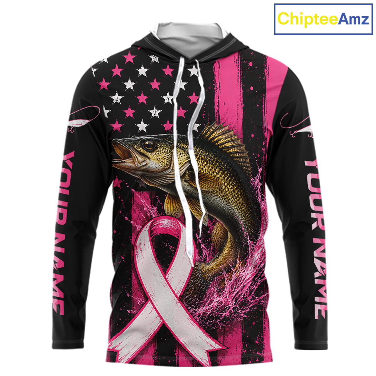 A long-sleeve hooded shirt with a custom graphic print featuring a walleye, a pink and white awareness ribbon, and a black-and-pink American flag background. The sleeves have placeholder text reading 'YOUR NAME', and a 'ChipteeAmz' logo is visible in the top right corner.