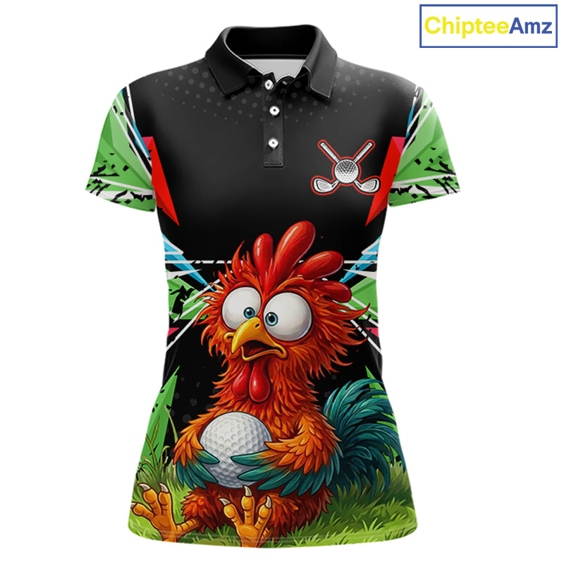 Personalized Crazy Rooster Golf Polo Shirt  Green Abstract Geometric Golf Apparel for Womens