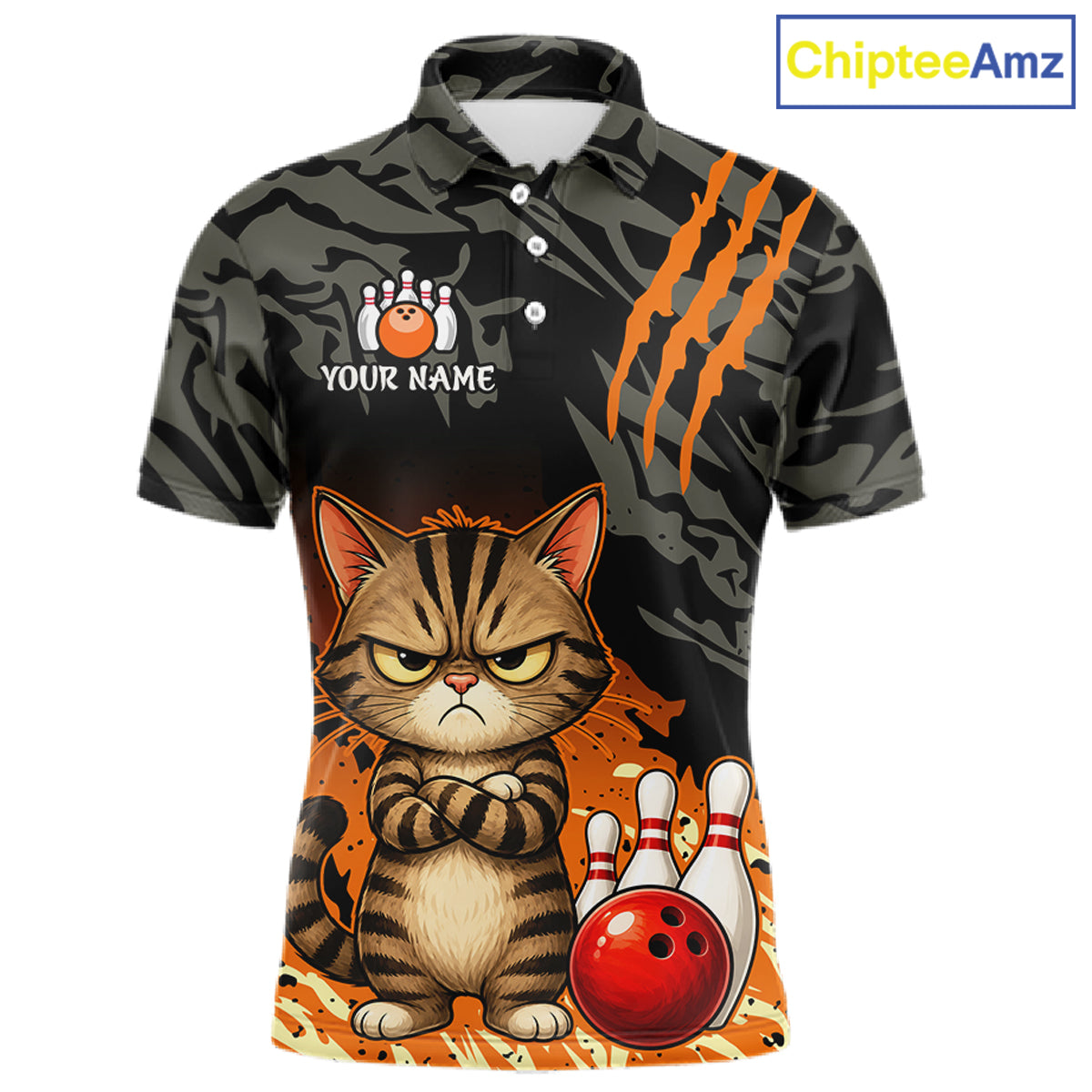 A short-sleeve polo shirt with a dark gray and black camouflage pattern, featuring orange claw marks on the right side. The front has a cartoon illustration of an angry tabby cat standing next to red and white bowling pins, with a customizable name graphic and bowling pin graphic on the left chest.