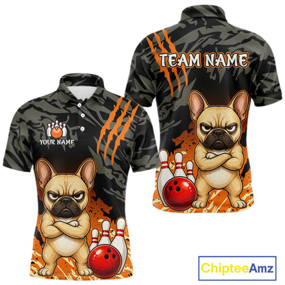 Front and back views of a short-sleeve collared shirt with a dark gray camouflage pattern, orange claw-stripe graphics, and a cartoon French bulldog bowling theme. The front shows a paw print logo with 'YOUR NAME' and 'TEAM NAME' on the back.