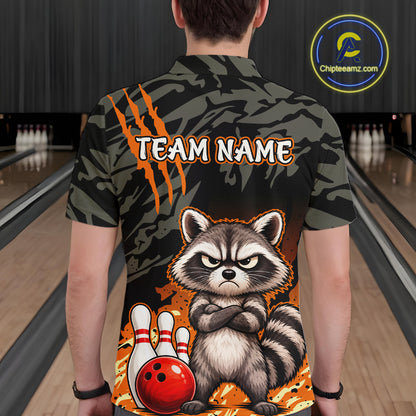 Funny Raccoon Bowling Shirt Custom Name Black Camo Orange Personalized Team Jersey For Men NHT1267