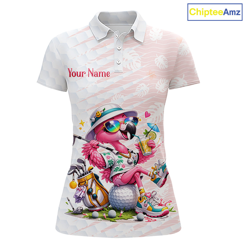 Funny Flamingo Golf Shirt With Pattern Pink Tropical – Personalized Name & Team Custom Polo For Womens NHT597