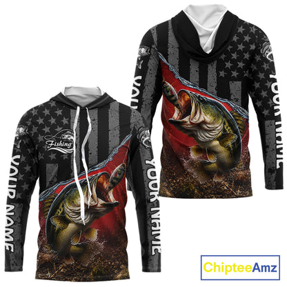 Gray Red Bass Custom Long Sleeve Hooded Fishing Shirts, Bass Fishing Jerseys