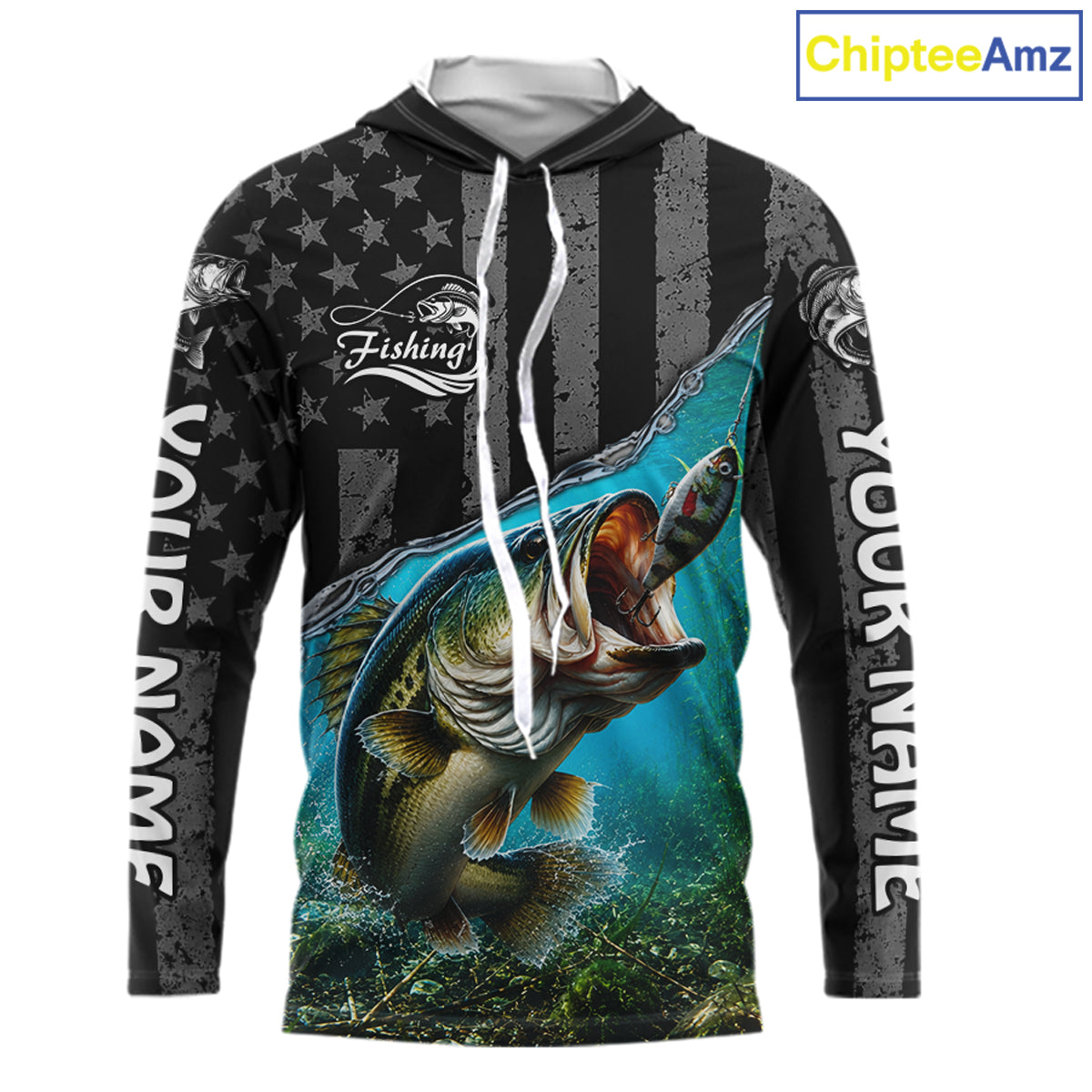 Gray Blue Bass Custom Long Sleeve Hooded Fishing Shirts, Bass Fishing Jerseys