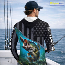 Load image into Gallery viewer, Gray Blue Bass Custom Long Sleeve Hooded Fishing Shirt, American Flag Patriotic Bass Fishing Jerseys NHT973