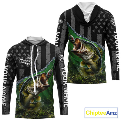 Gray Green Bass Custom Long Sleeve Hooded Fishing Shirts, Bass Fishing Jerseys