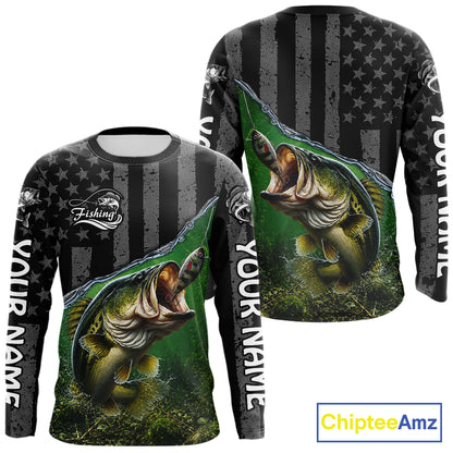 Gray Green Bass Custom Long Sleeve Fishing Shirts, Bass Fishing Jerseys