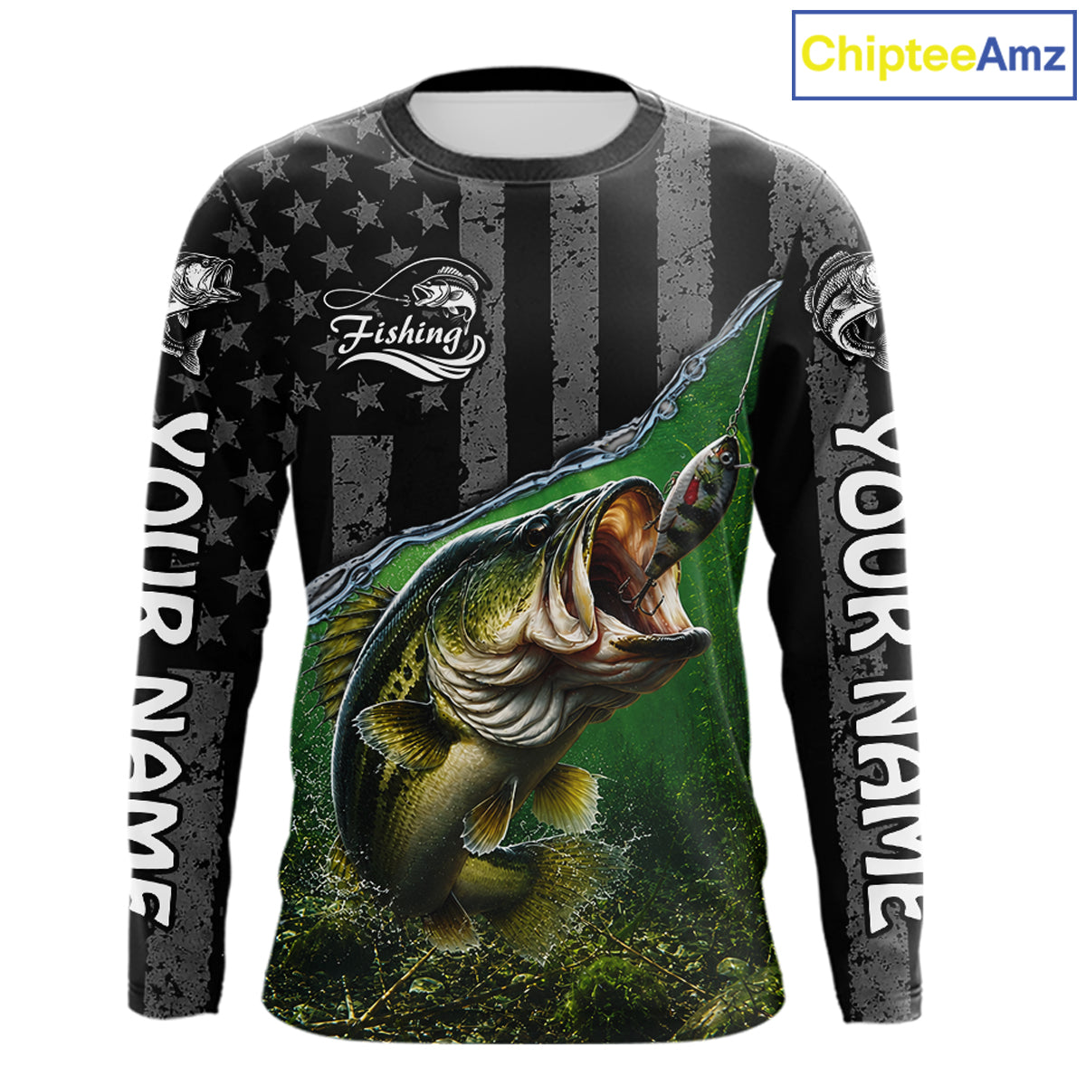 Gray Green Bass Custom Long Sleeve Fishing Shirts, Bass Fishing Jerseys