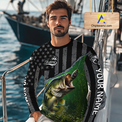 Gray Green Bass Custom Long Sleeve Fishing Shirt, American Flag Patriotic Bass Fishing Jersey NHT974