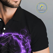 Load image into Gallery viewer, Black polo shirt with a purple graphic design on a gray background