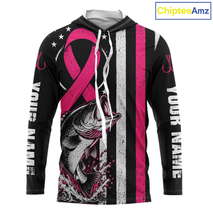 A custom black long-sleeve hoodie with a pink awareness ribbon, a fish graphic, distressed vertical stripes, and white text on the sleeves, shown on a white background with a ChipteeAmz logo in the top right corner.