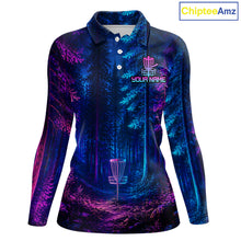Load image into Gallery viewer, Womens Disc Golf Polo Shirt Custom Forest Neon Disc Golf Basket, Personalized Disc Golf Shirts NHT837
