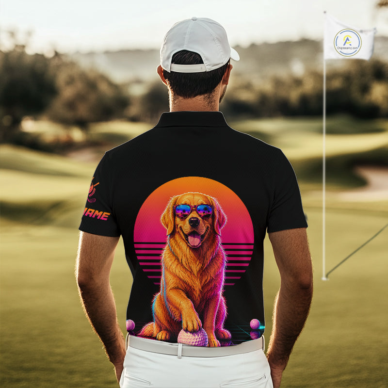 Personalized Golden Retriever Mens Golf Polo Shirt – Vintage Neon Golf Design NHT991